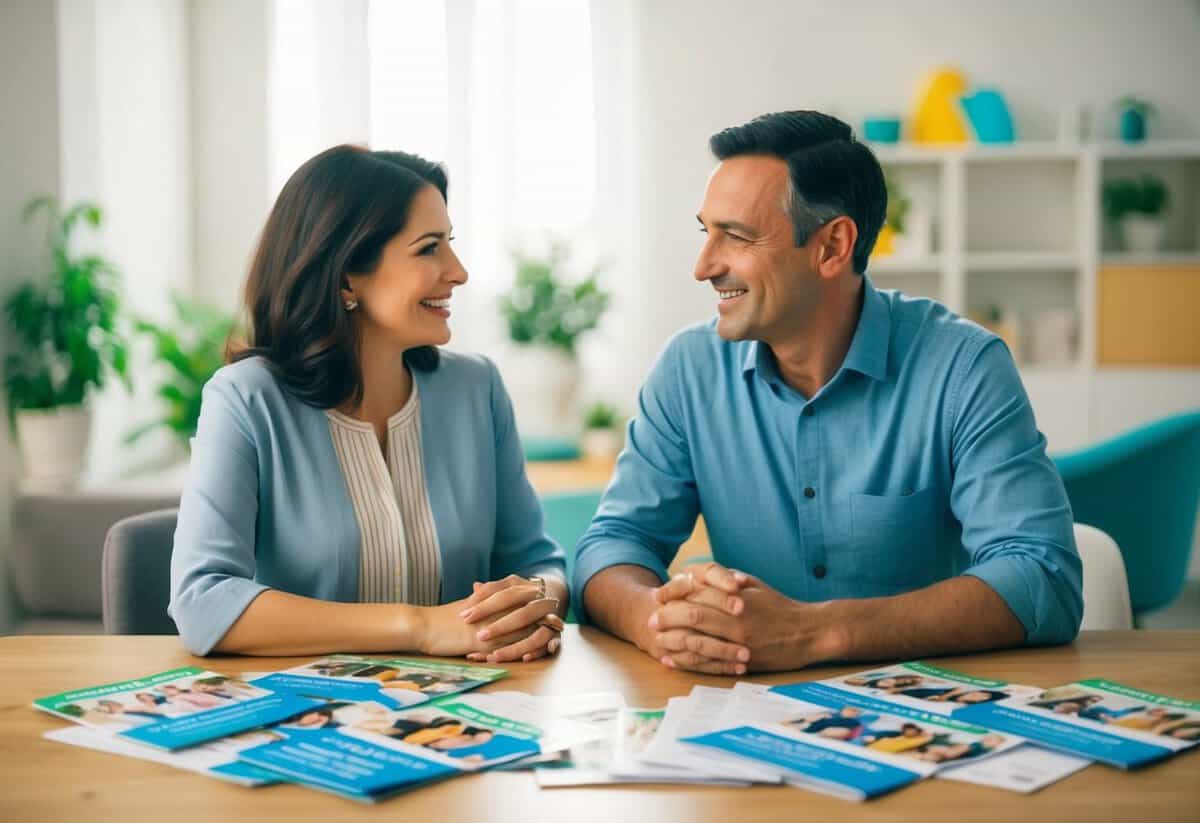A couple in their 40s sitting at a table, surrounded by pamphlets and brochures on family planning and marriage