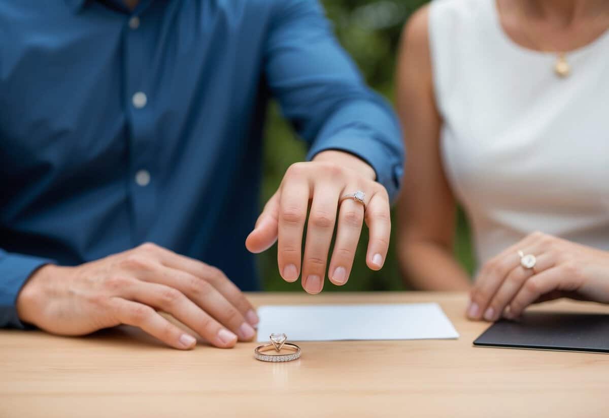 A man's hand reaches out to place an engagement ring on a table next to a woman's ring