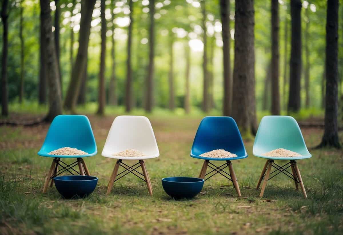 A serene forest clearing with three different-sized chairs and bowls of porridge, suggesting the Goldilocks Theory of Marriage