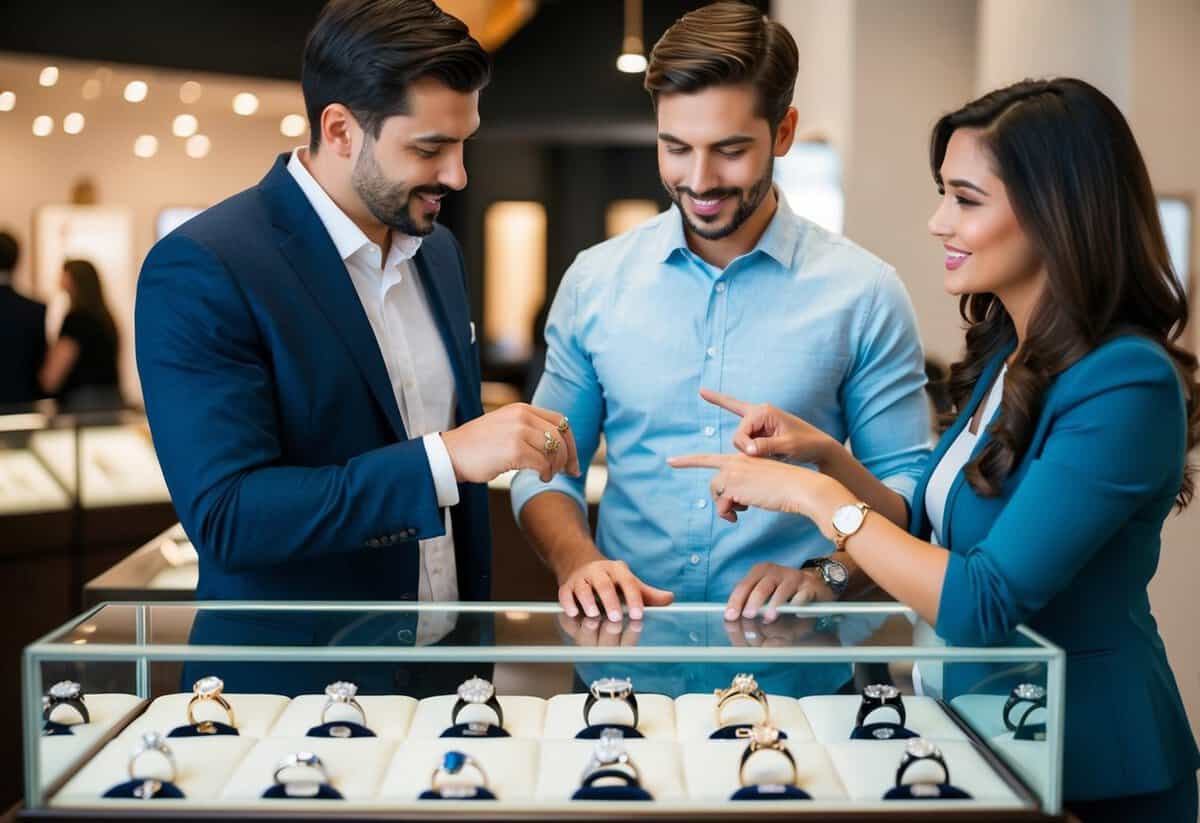 A man and a woman standing in front of a display case filled with various engagement rings. The man is trying on different rings while the woman looks on, pointing to different styles