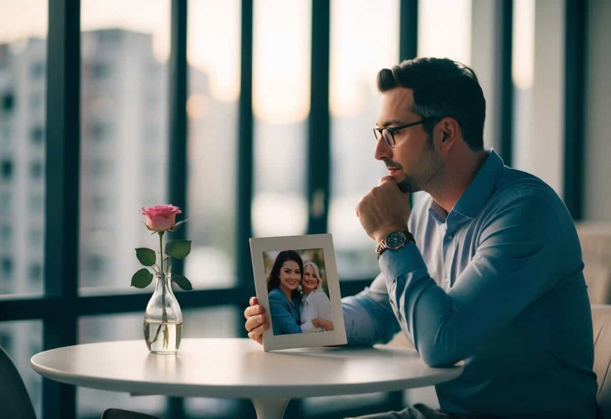 A husband sitting at a table with a single rose and a thoughtful expression, looking at a photo of his wife