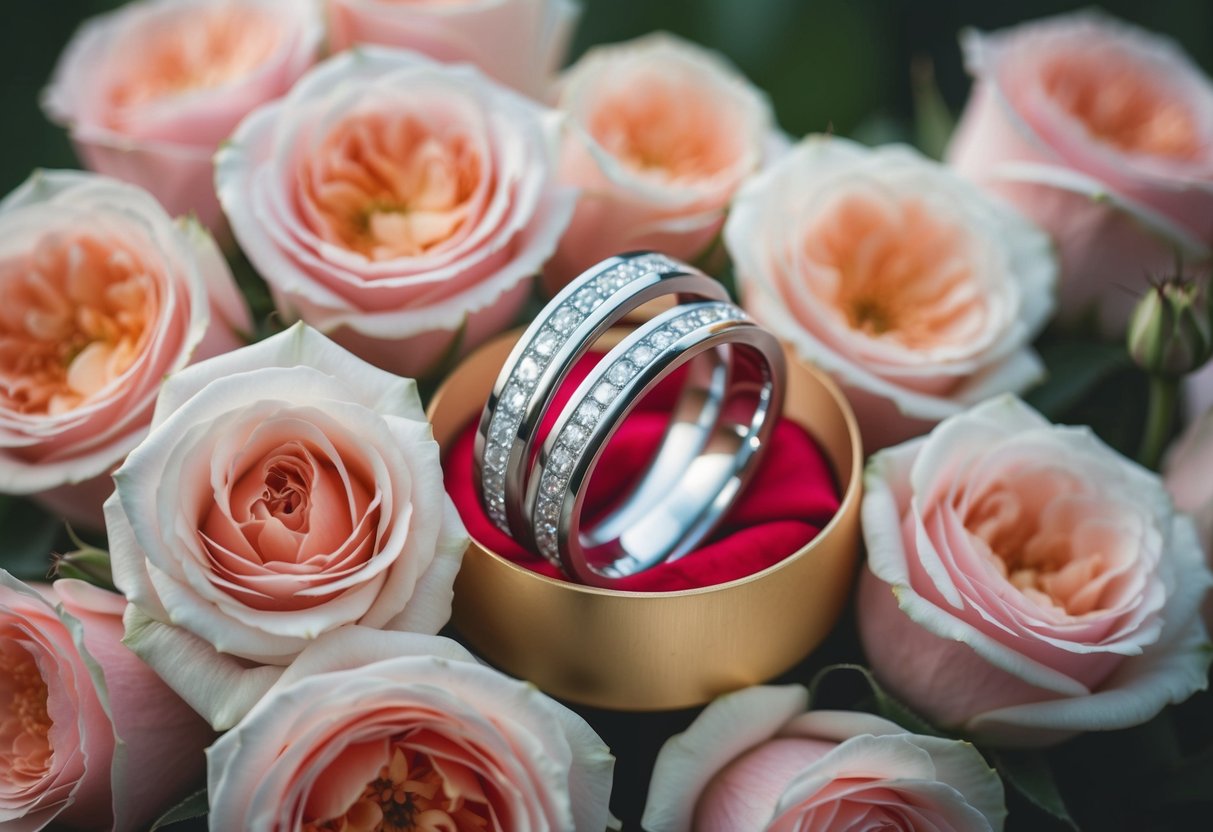 A pair of intertwined wedding rings surrounded by blooming roses