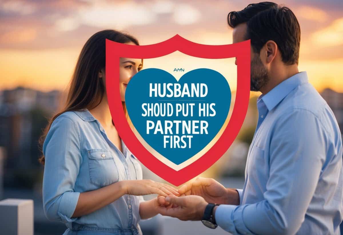 A husband should put his partner first. An illustration could show a heart symbolizing emotional well-being, surrounded by a protective shield, symbolizing the husband's commitment to prioritizing the relationship