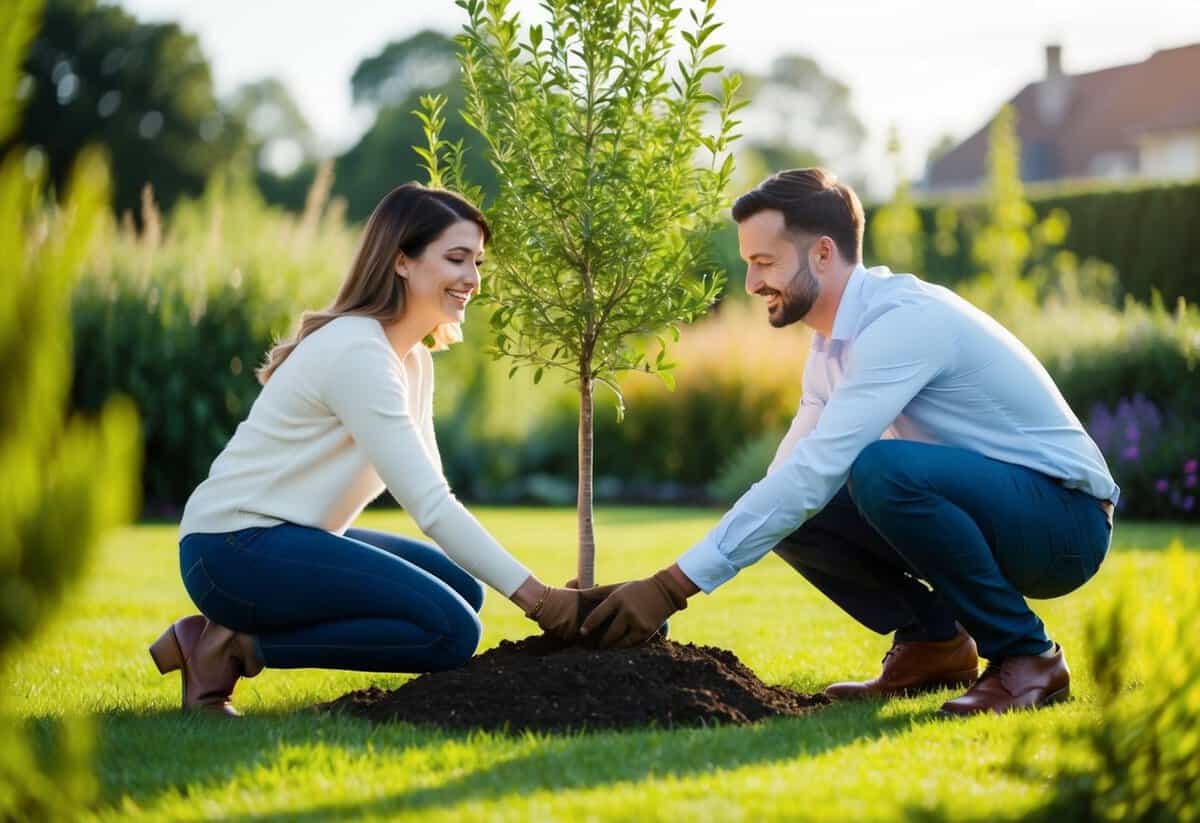 A couple planting a tree together in a garden, symbolizing their shared values and commitment to nurturing their bond