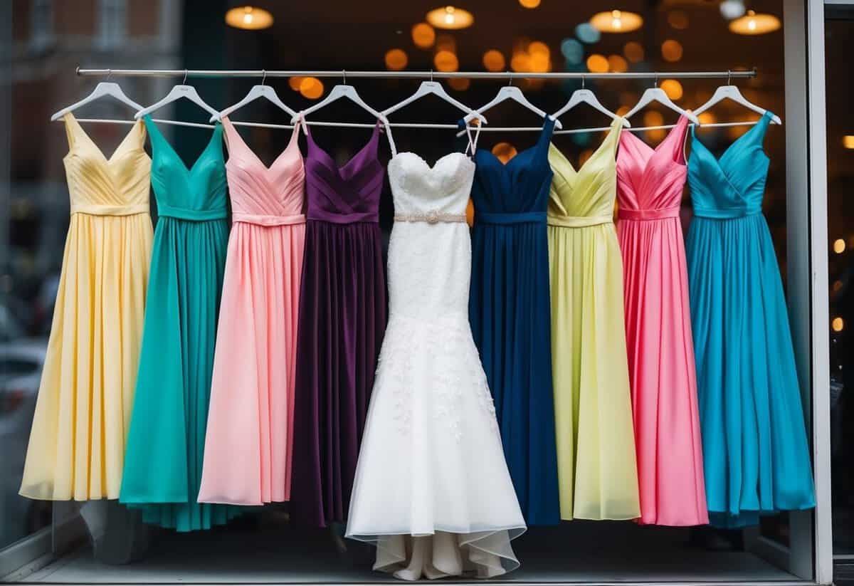A group of colorful bridesmaid dresses hanging on display in a boutique window