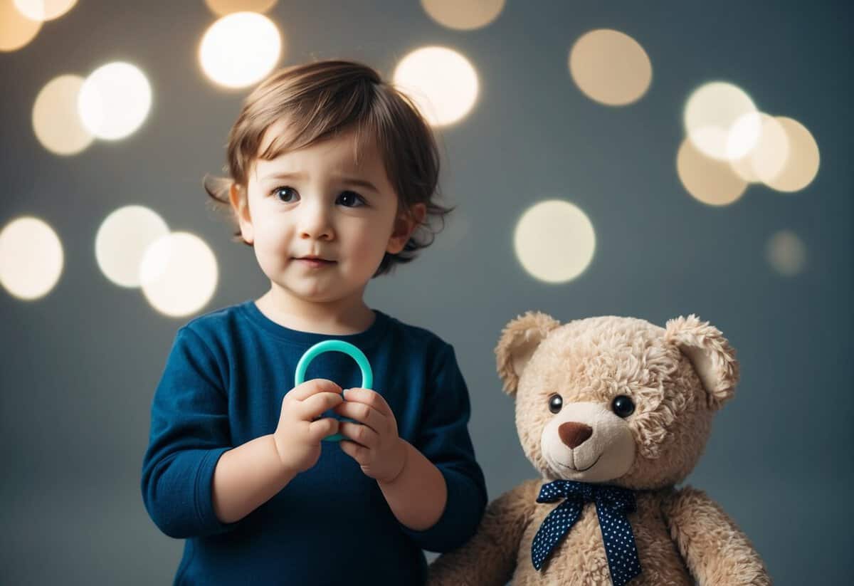 A small child holding a plastic ring, standing next to a teddy bear, with a thoughtful expression on their face