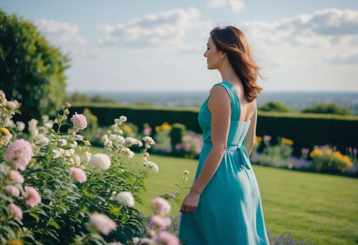 A woman standing in a garden, surrounded by blooming flowers and a gentle breeze, looking towards a distant horizon