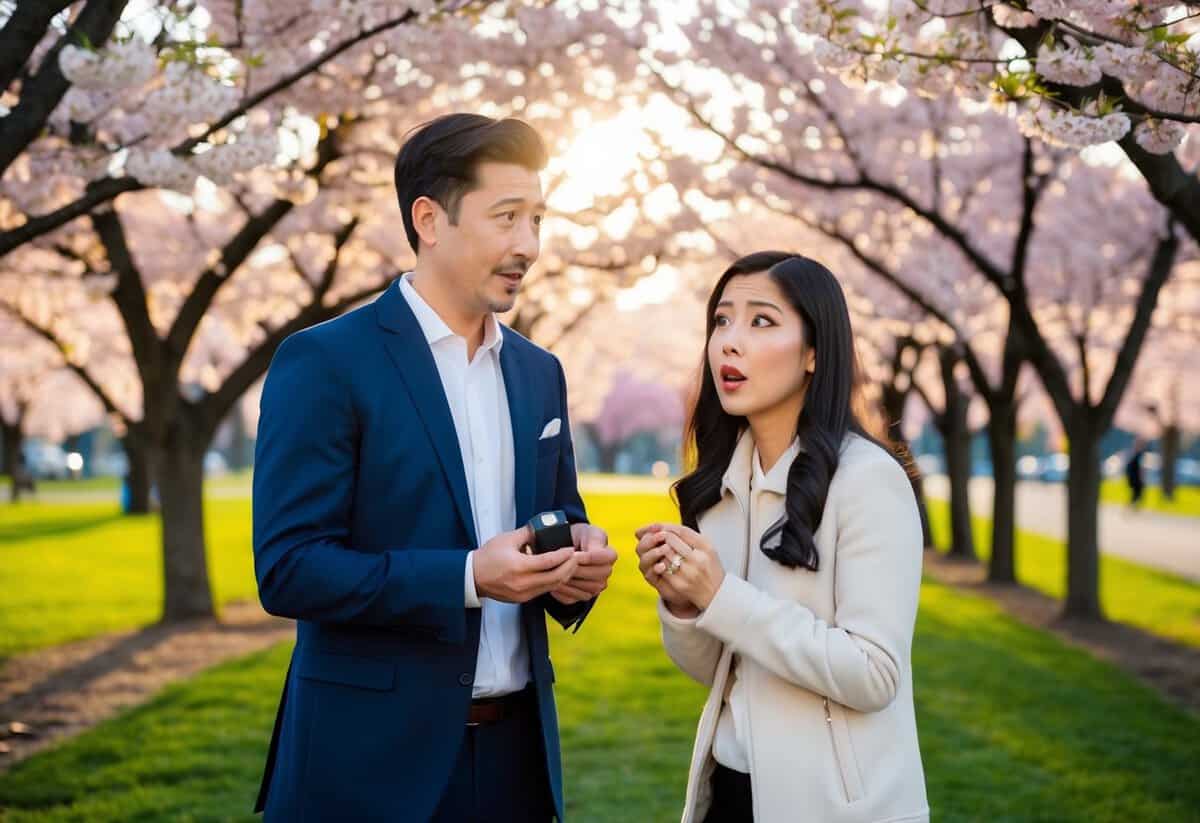 A couple stands in a park, surrounded by blooming cherry blossom trees. The man nervously holds a ring box, while the woman looks surprised and uncertain. The setting sun casts a warm glow over the scene