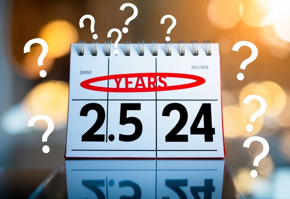 A calendar with the date 2.5 years in the future circled in red, surrounded by question marks and thought bubbles