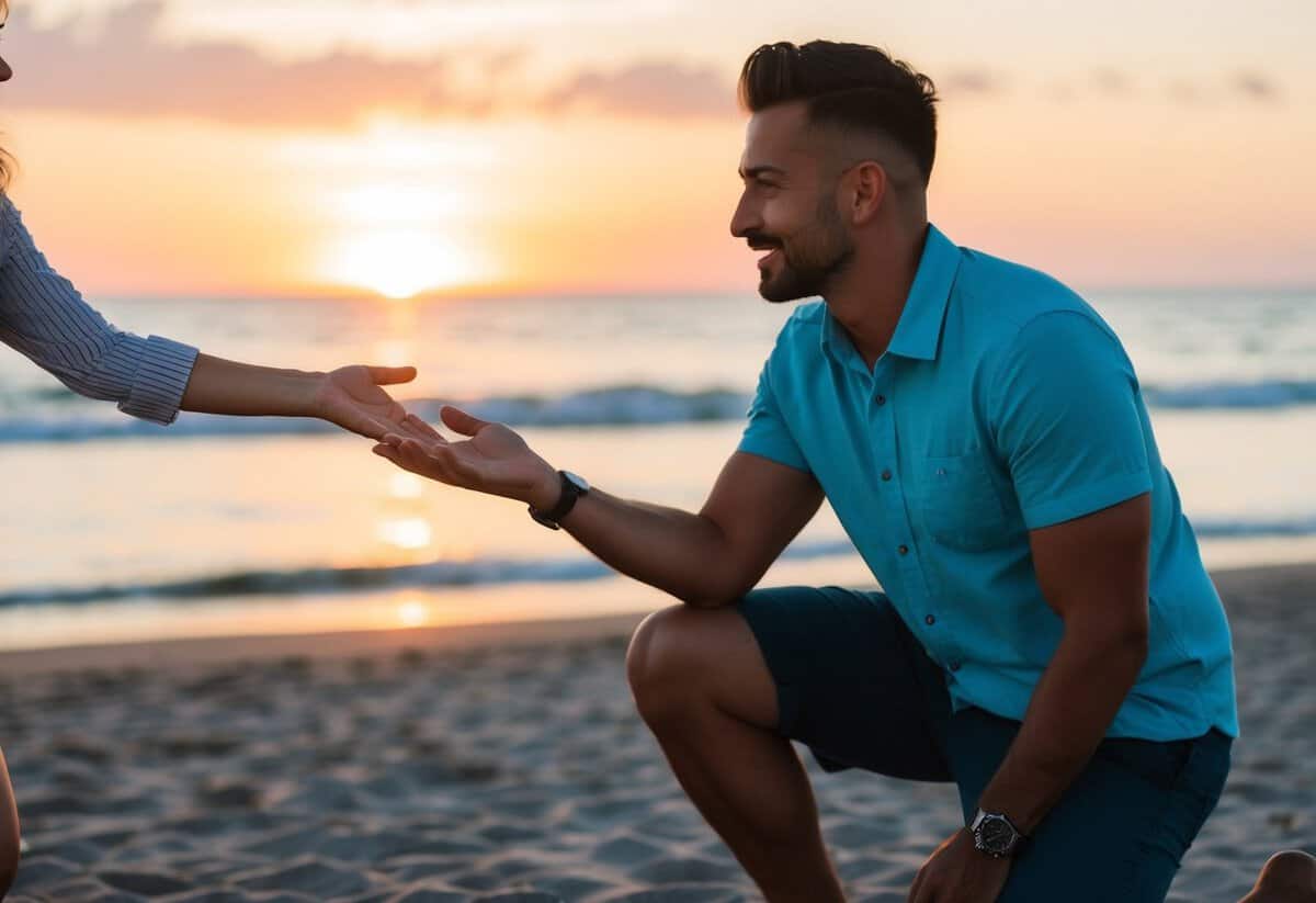 A man kneels on a beach at sunset, holding out an empty hand towards his partner with a look of love and sincerity in his eyes