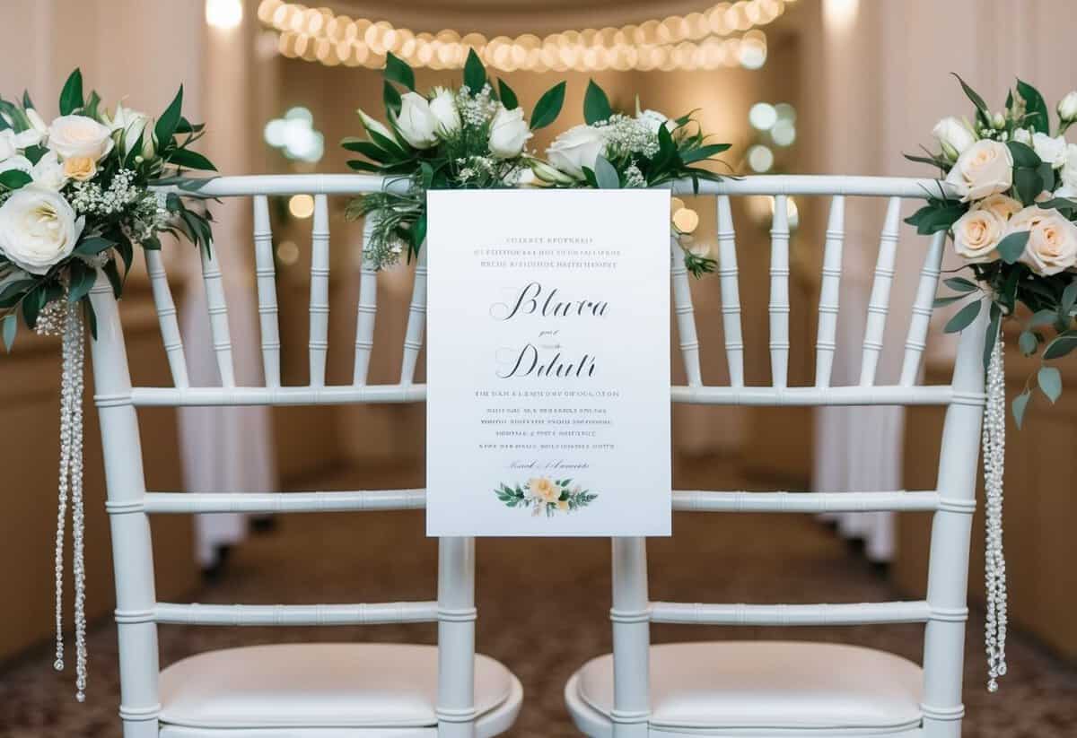 A wedding invitation with two elegant chairs facing each other, adorned with floral arrangements and place cards