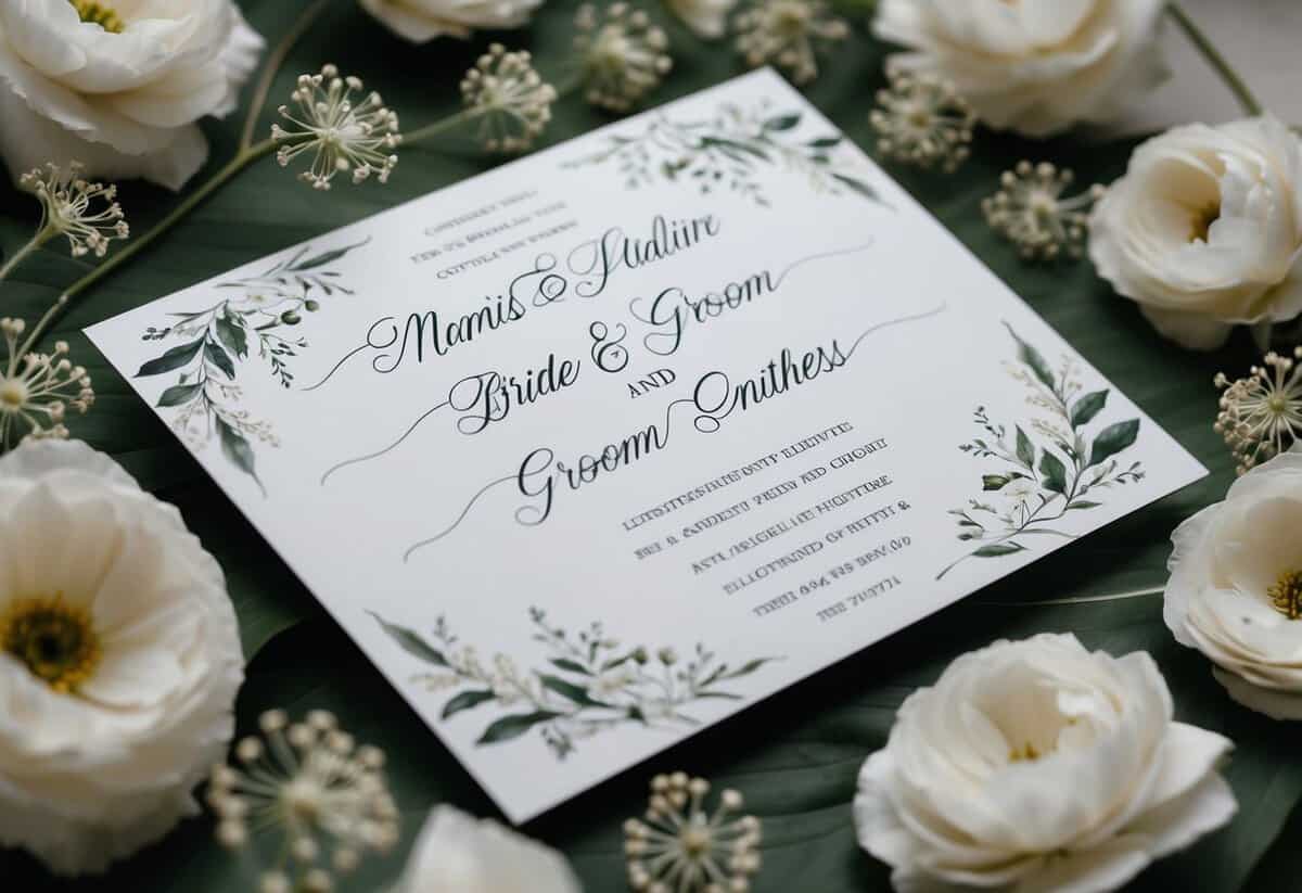 A wedding invitation with elegant script, featuring the names of the bride and groom, surrounded by delicate floral details