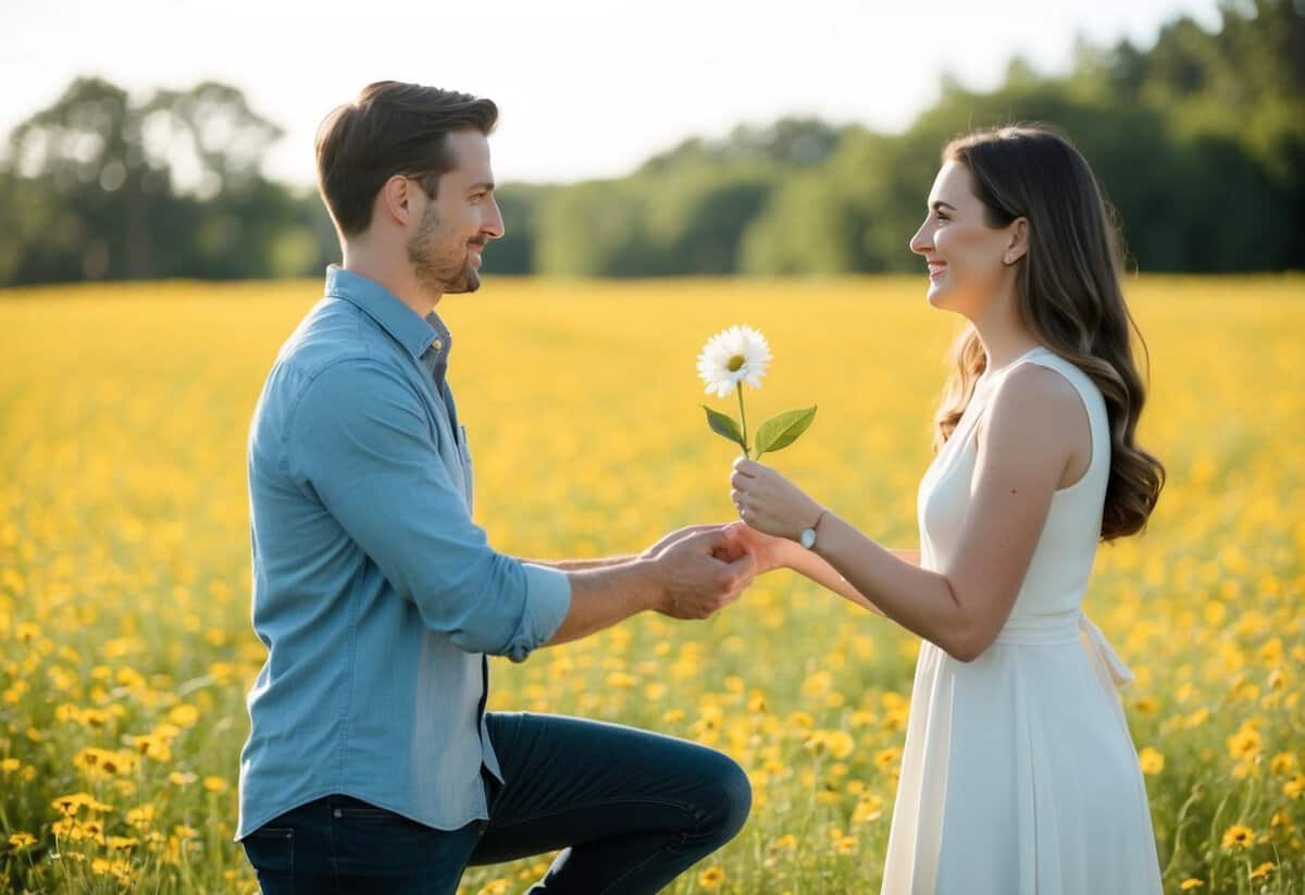 A couple stands in a sunlit meadow, holding hands. The man kneels, presenting a flower to the woman with a hopeful expression