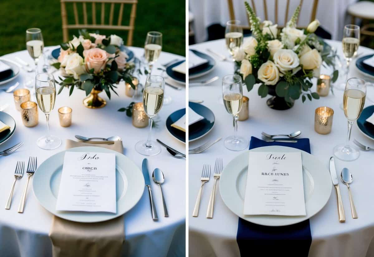 A table set with two place settings, one with a bride and groom theme and the other with a groom and bride theme, showcasing different order and presentation styles