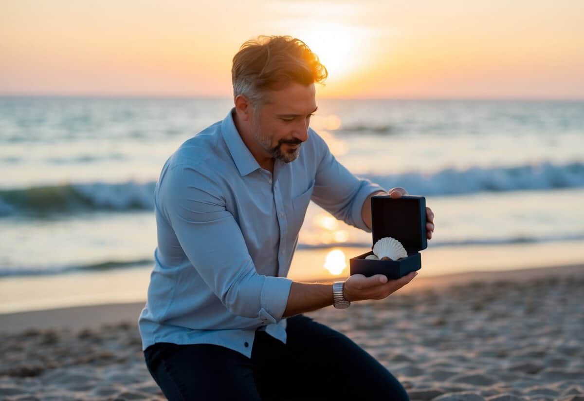 A man kneeling on a beach at sunset, holding out an open jewelry box with a single seashell inside