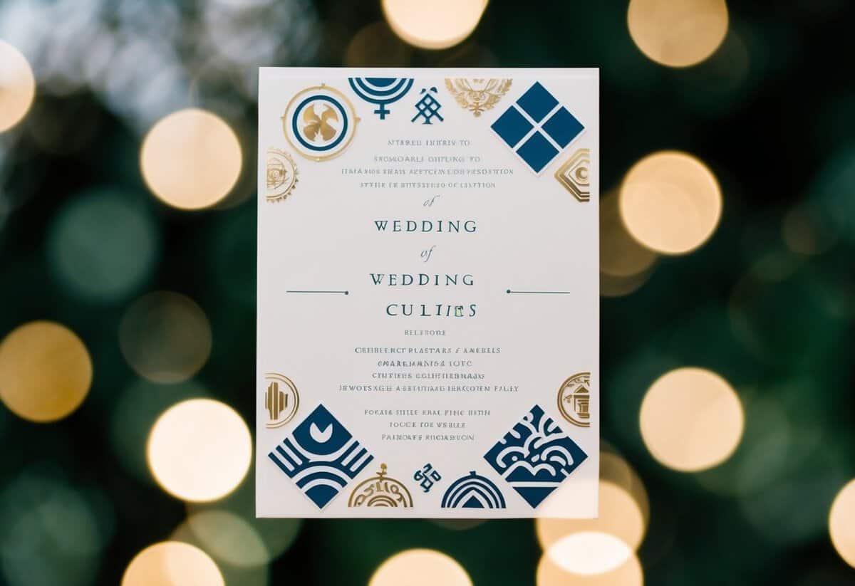 A wedding invitation with two blank placeholders, one at the top and one at the bottom, surrounded by symbols of different cultures
