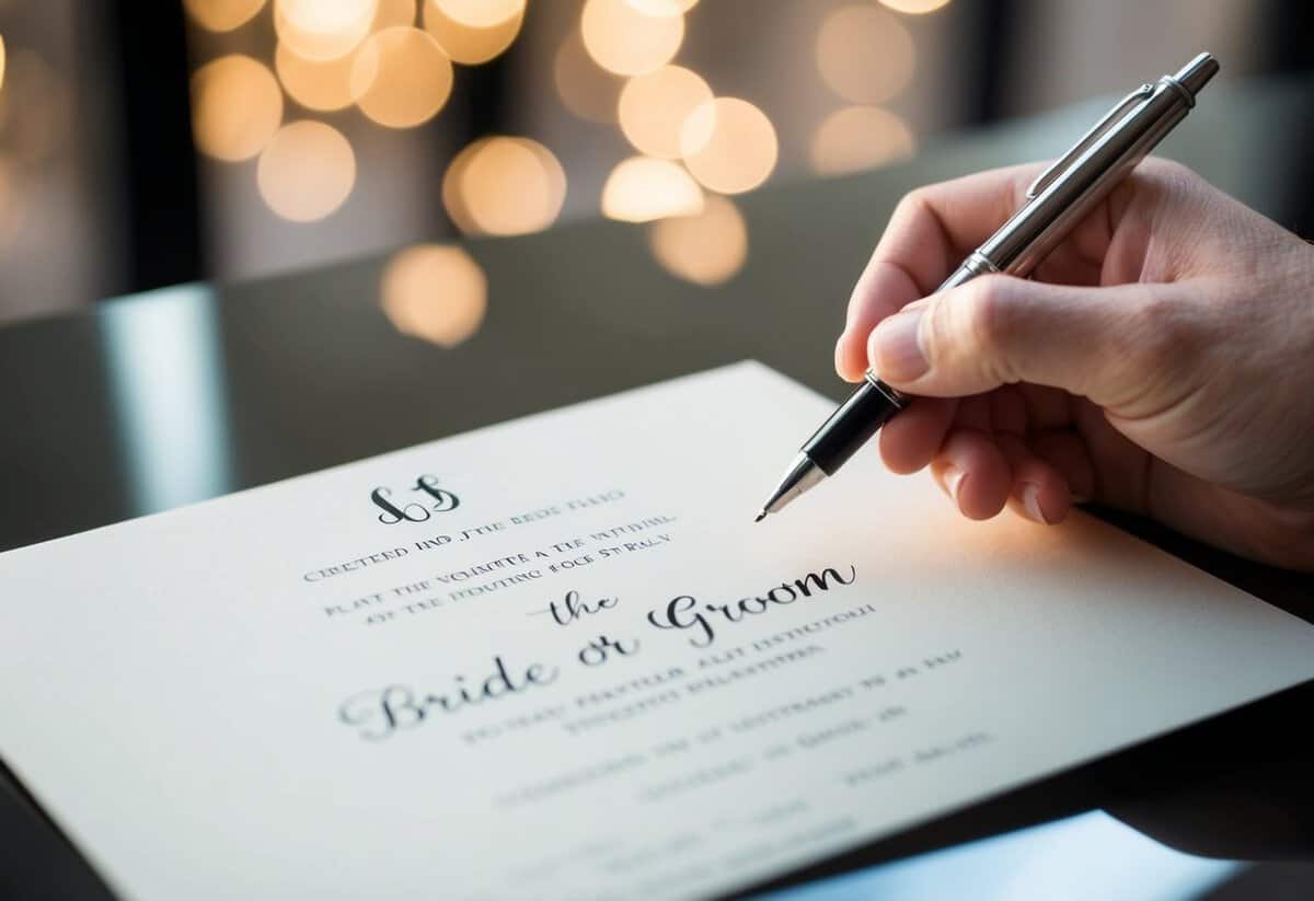 A hand holding a pen hovers over a blank wedding invitation, pondering whether to write the bride or groom's name first