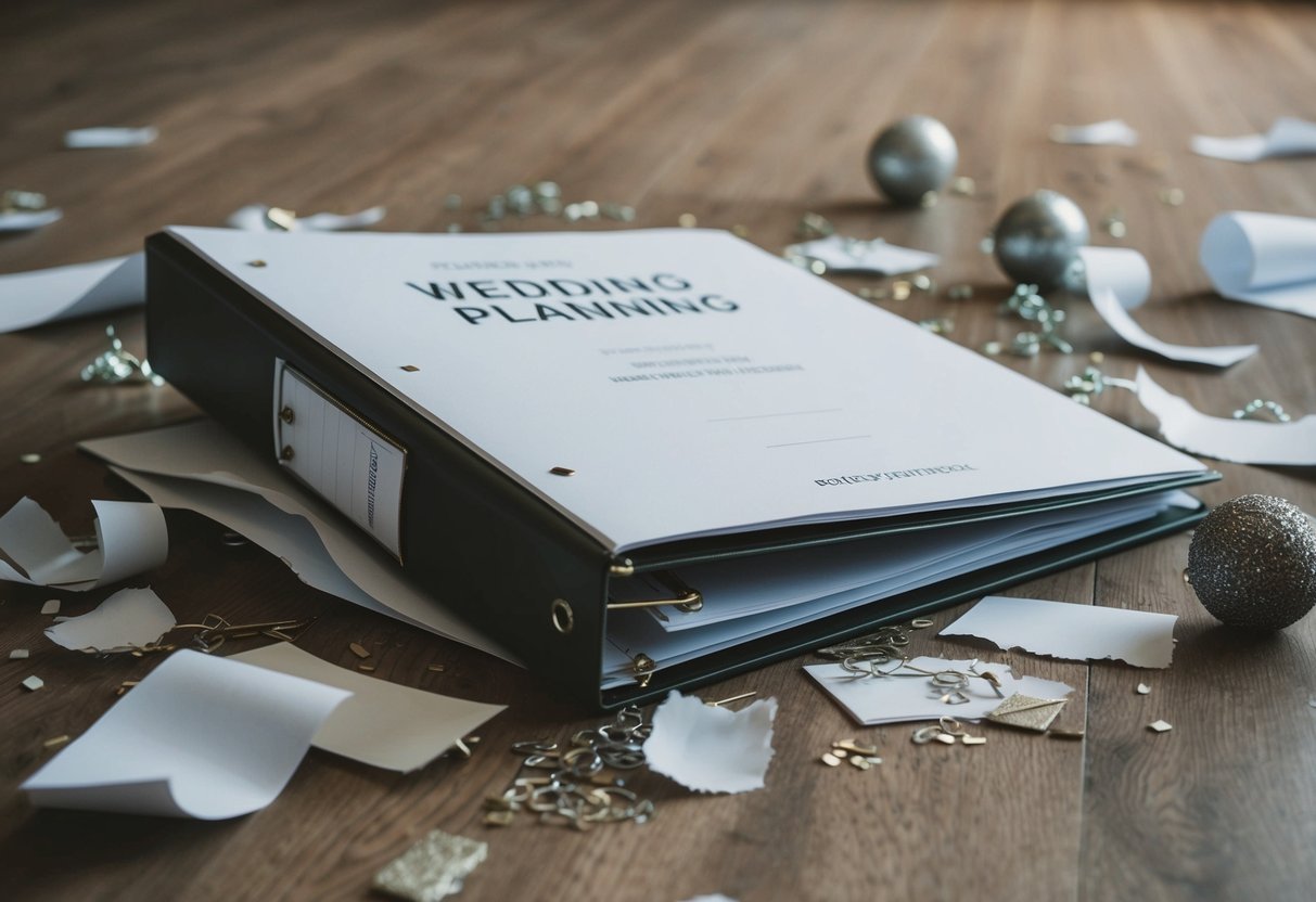 A disheveled wedding planning binder lies open on the floor, surrounded by torn paper and scattered decorations