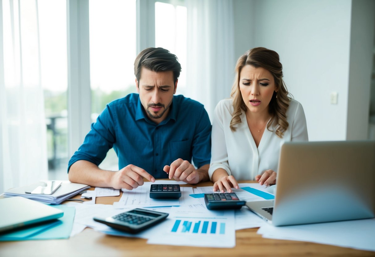 A couple sits at a table with scattered papers, calculators, and a laptop. They look stressed and frustrated as they try to figure out their wedding budget
