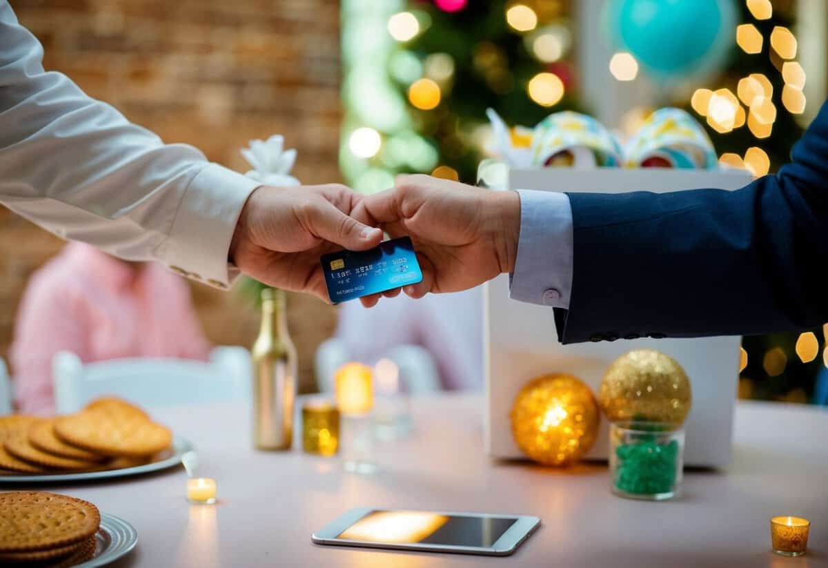 A man's hand handing over a credit card to a vendor at a festive proposal party