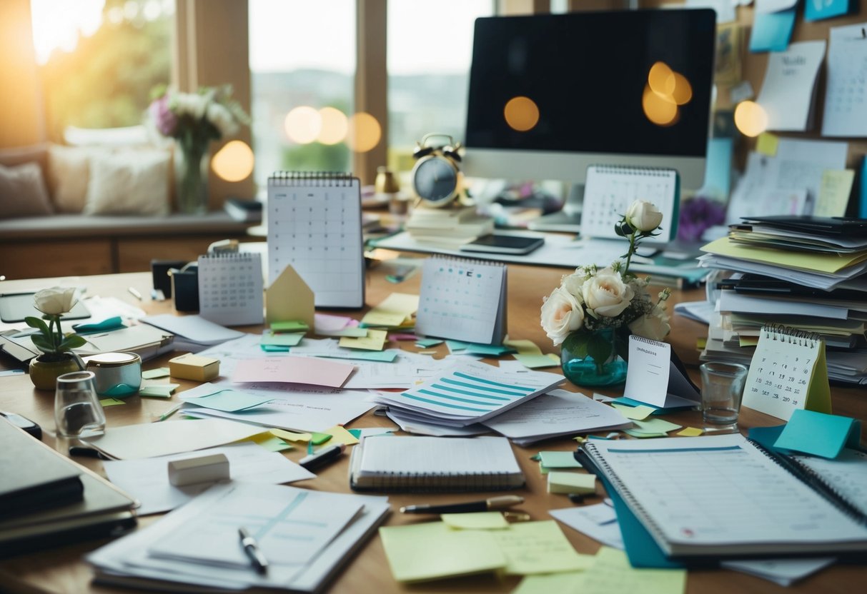 A cluttered desk with scattered wedding planning materials, surrounded by a chaotic jumble of calendars, to-do lists, and scattered notes