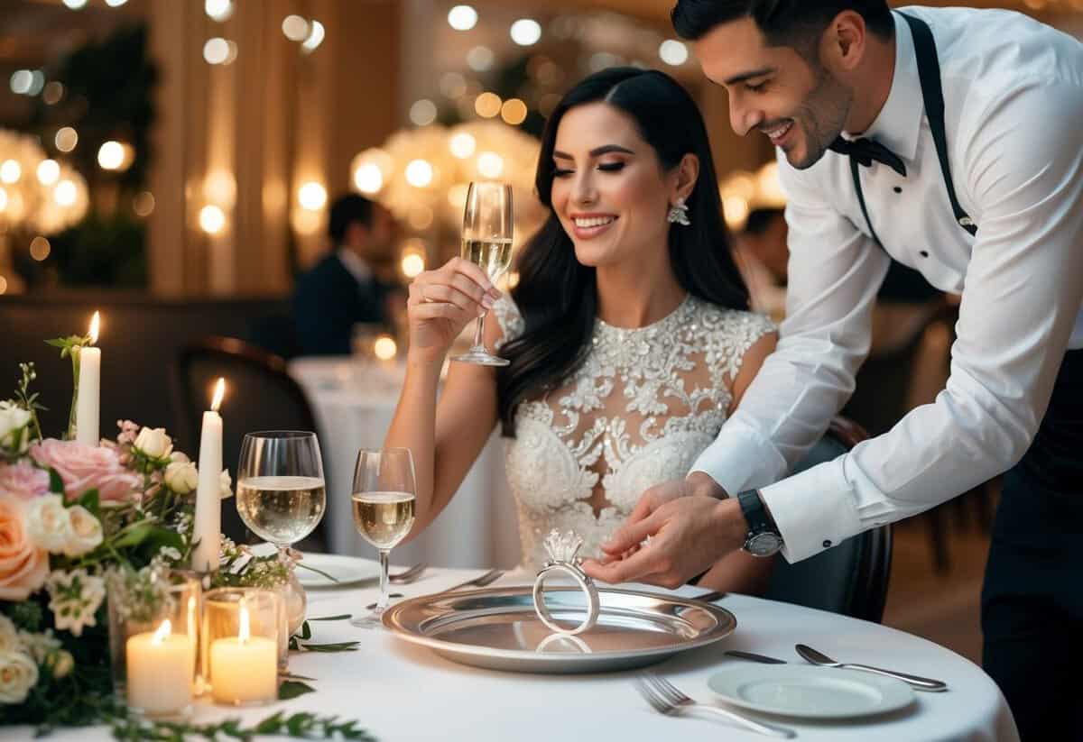 A couple celebrating at a fancy restaurant with a table adorned with flowers and candles, a waiter presenting a sparkling engagement ring on a silver tray