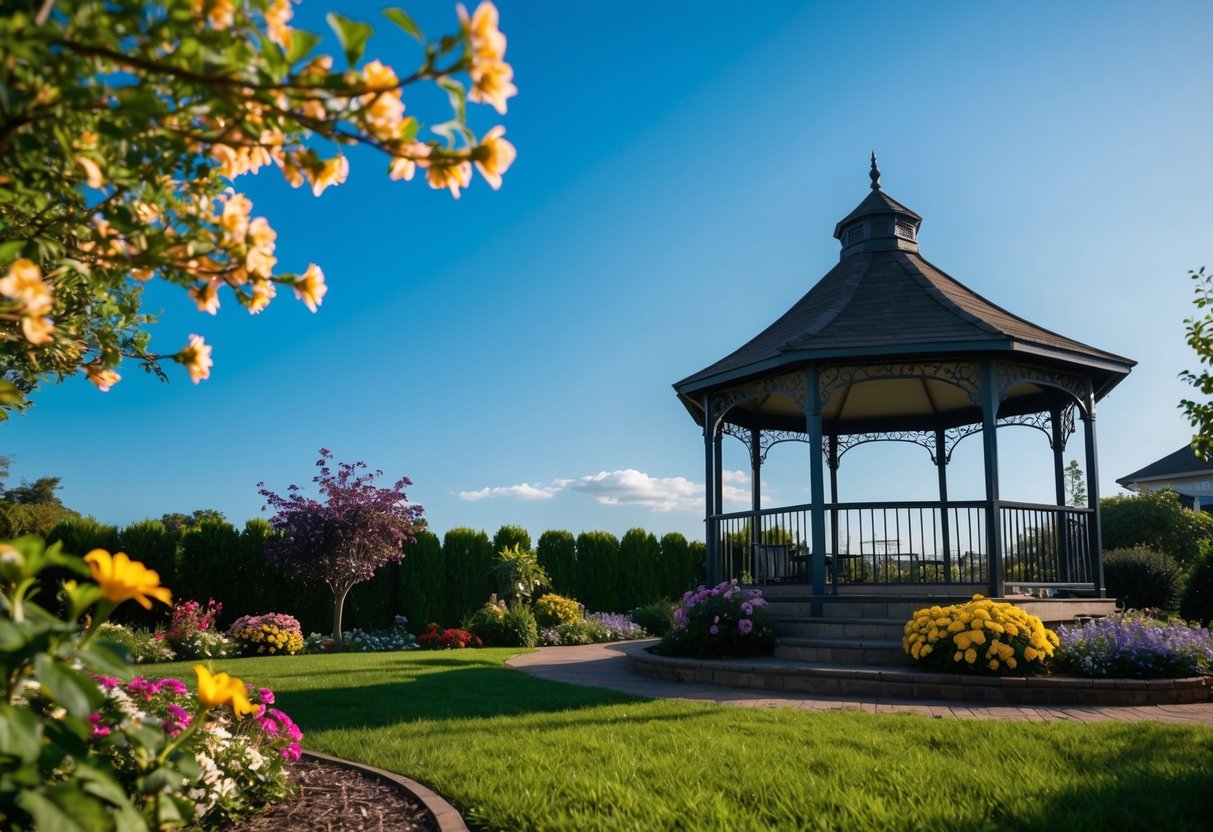 A sunny outdoor setting with a clear blue sky, blooming flowers, and a picturesque gazebo surrounded by lush greenery