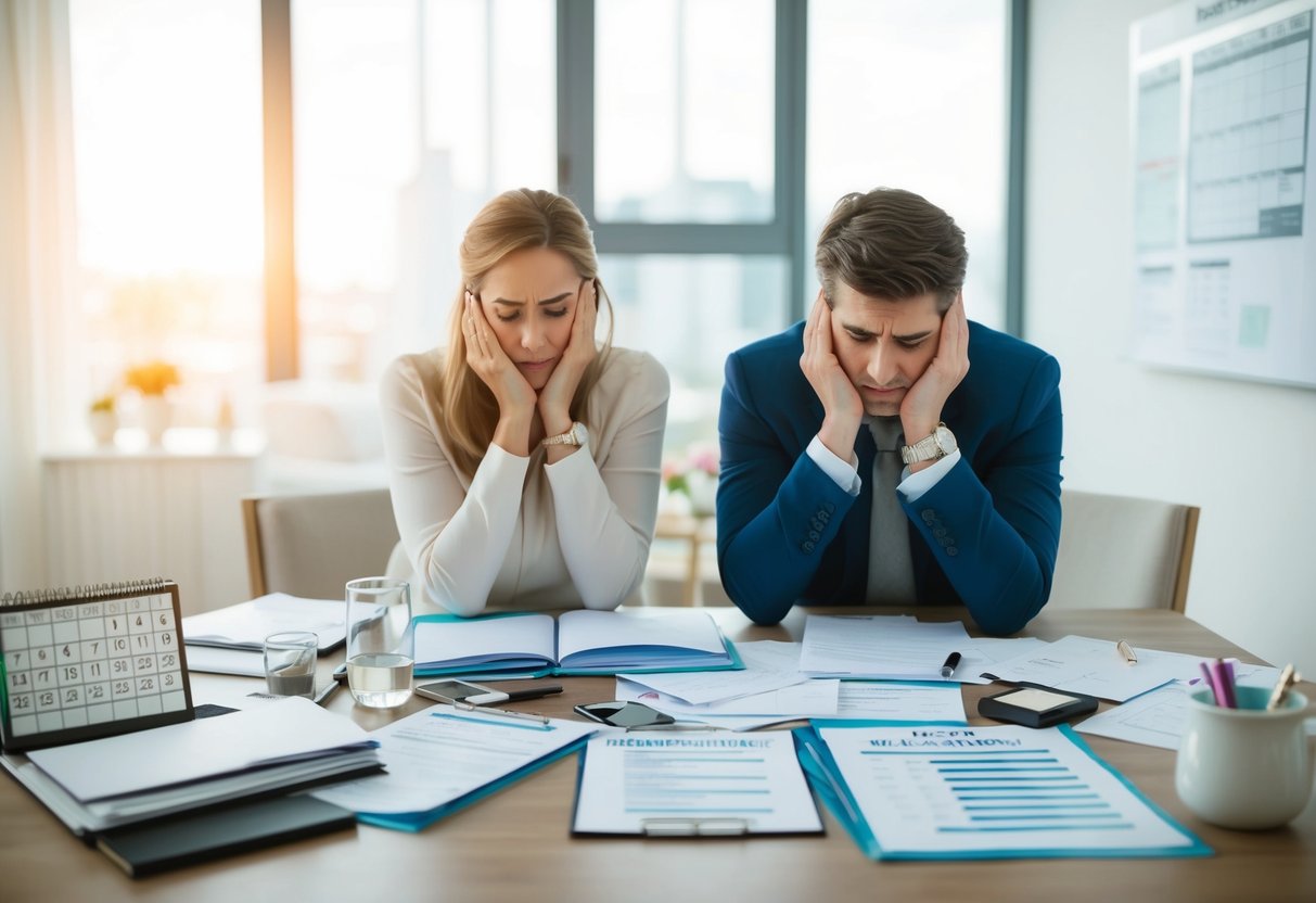 A couple sits at a table surrounded by wedding planning materials, looking stressed and overwhelmed. A calendar, budget spreadsheet, and vendor contracts are scattered around them