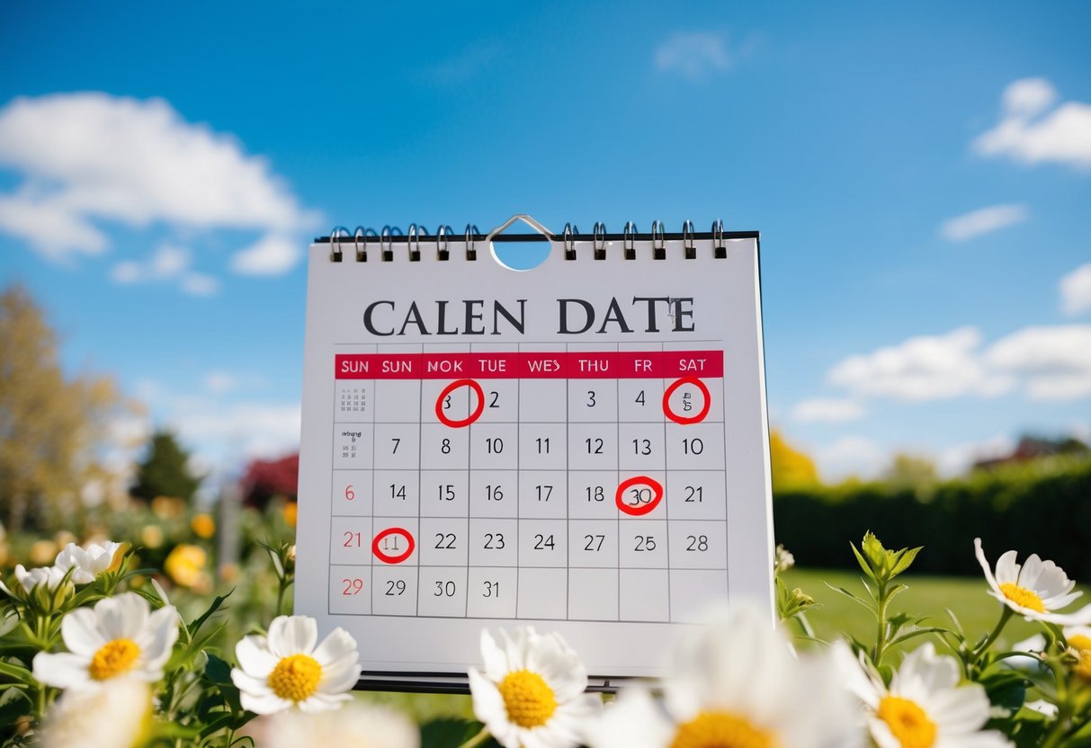 A sunny outdoor scene with a blooming garden and clear blue skies, showcasing a calendar with various dates circled in red, representing the decision-making process of choosing the perfect wedding date