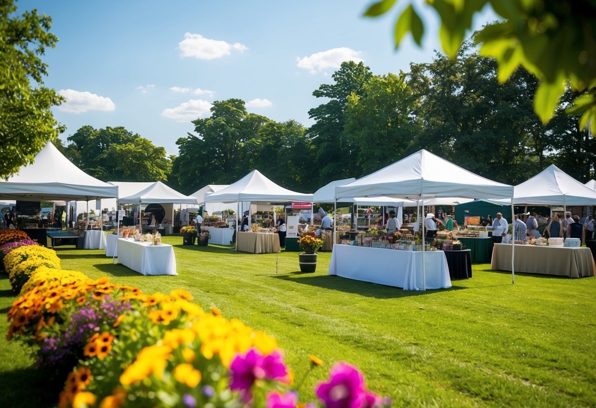 A sunny outdoor venue with various vendor booths set up, surrounded by lush greenery and colorful flowers