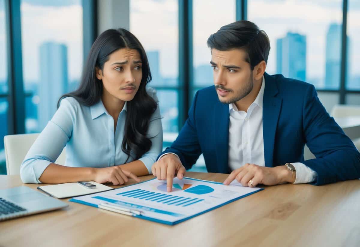 A couple sitting at a table, discussing finances and pointing at a budget sheet. A worried expression on their faces