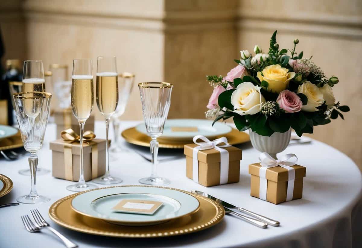 A table set with elegant decorations, champagne flutes, and a cake. Gifts and flowers arranged neatly on a side table