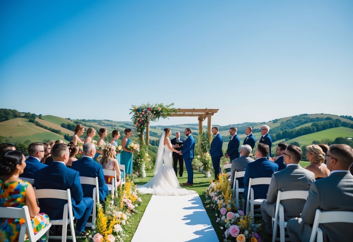 A sunny outdoor wedding ceremony with a picturesque view of rolling hills and a clear blue sky, surrounded by colorful flowers and greenery