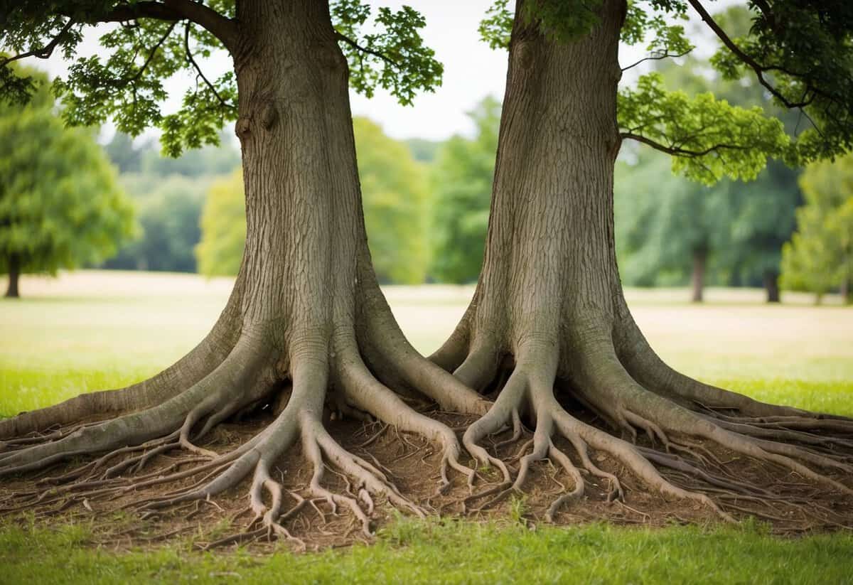 A pair of intertwined oak trees, their roots merging into one, symbolizing the strength and unity that comes with 7 years of marriage