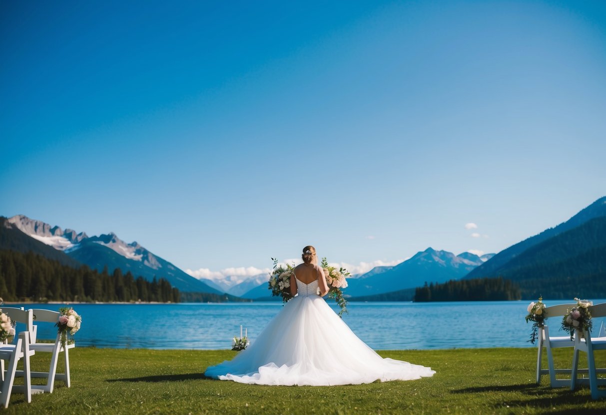 A sunny outdoor wedding with a clear blue sky, blooming flowers, and a picturesque backdrop of mountains and a serene lake