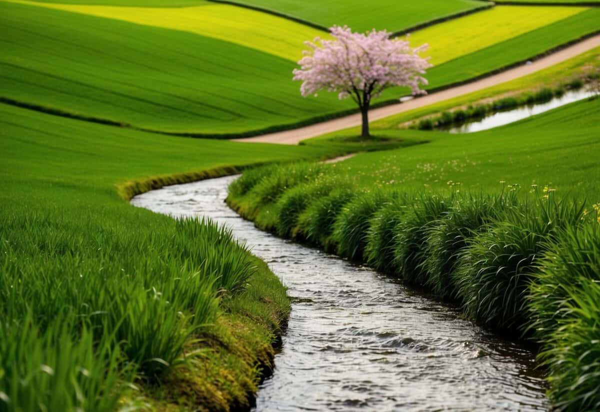 A winding path through lush green fields, with a small stream flowing alongside, leading to a tranquil garden with a blooming tree at its center