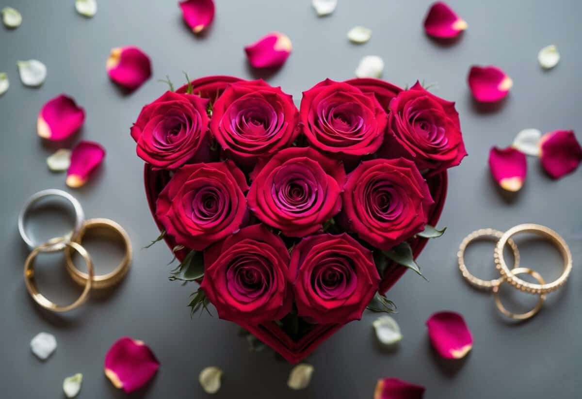 A bouquet of seven roses arranged in a heart shape, surrounded by scattered rose petals and a pair of intertwined wedding bands