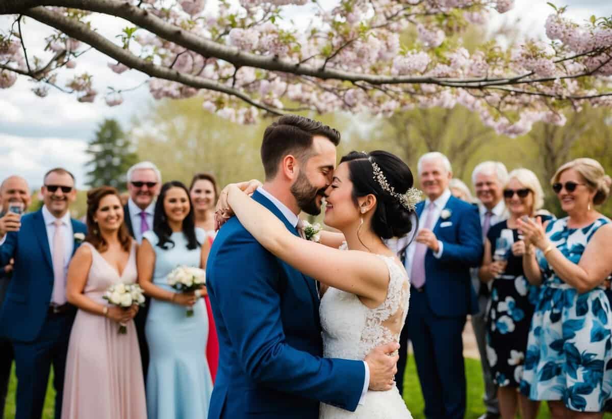 A couple embraces under a blooming tree, surrounded by friends and family celebrating their wedding