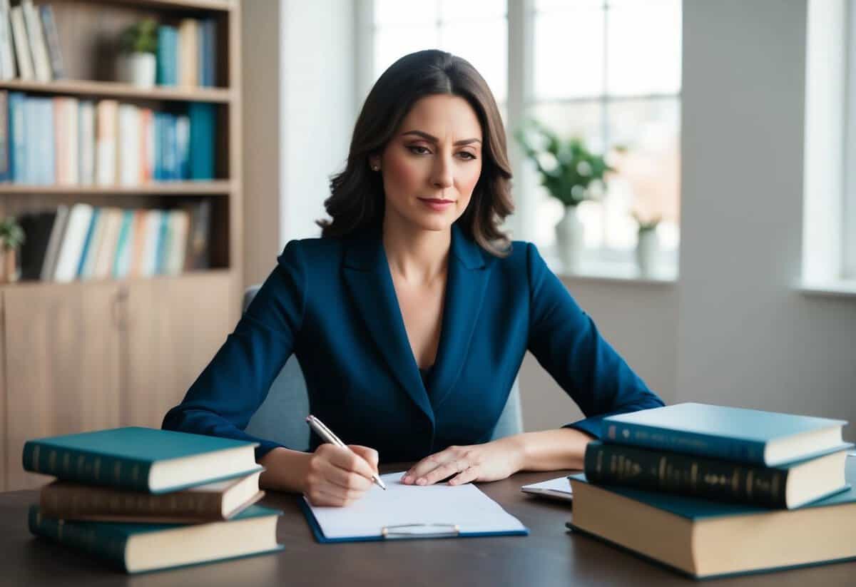 A woman sitting at a desk with a pen and paper, surrounded by books and articles on marriage and emotional readiness. She appears contemplative and focused