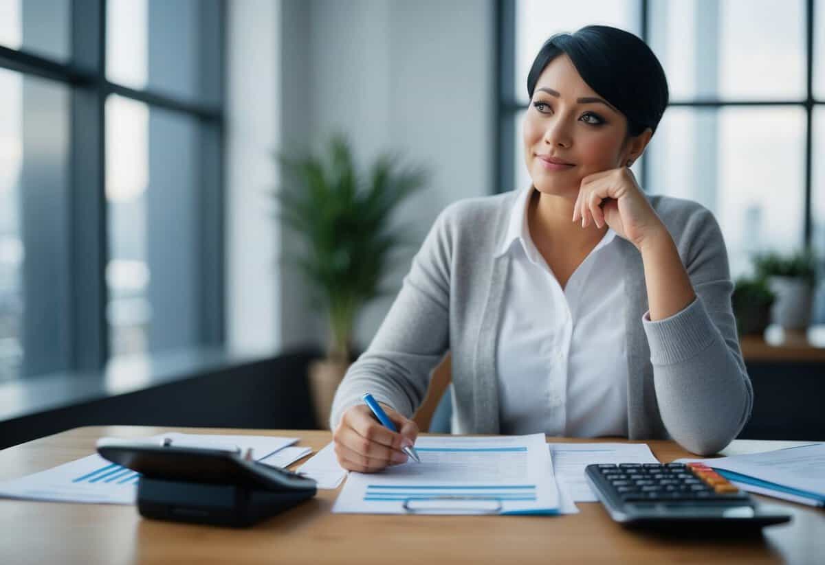 A person sitting at a desk, surrounded by financial documents and a calculator. They have a thoughtful expression while considering the idea of getting married at 35