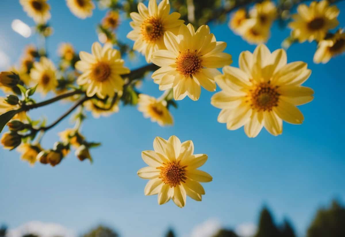 A sunny outdoor wedding scene with blooming flowers and a clear blue sky