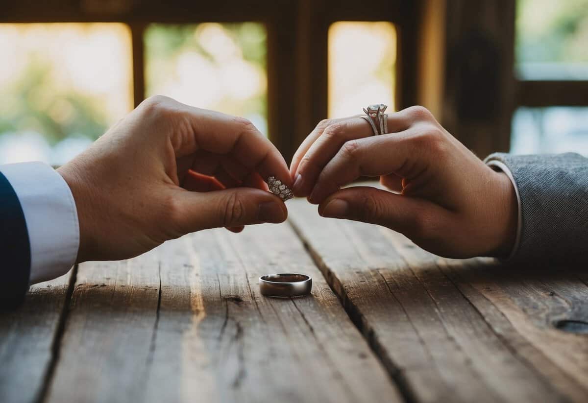 A couple's hands exchanging rings on a rustic wooden table with soft natural lighting streaming in from a nearby window