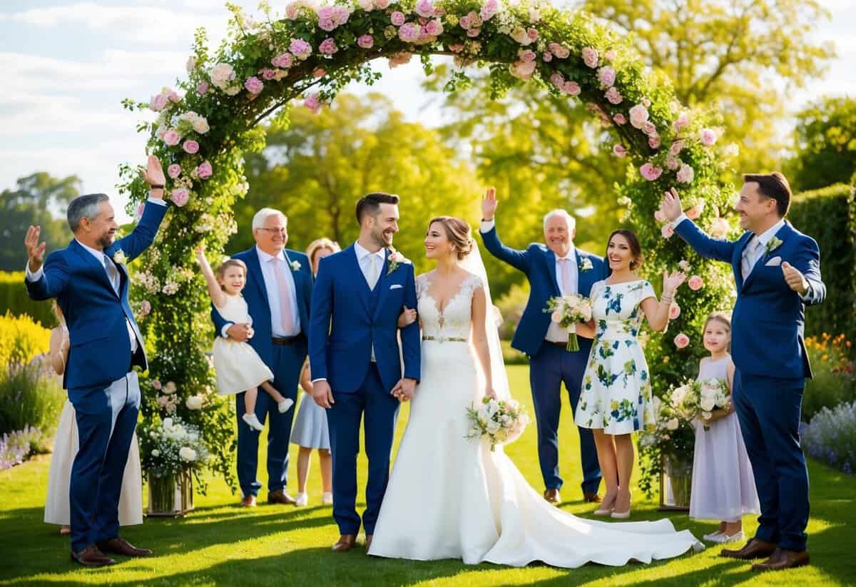 A bride and groom stand beneath a blooming arch in a sunny garden, surrounded by joyful family and friends
