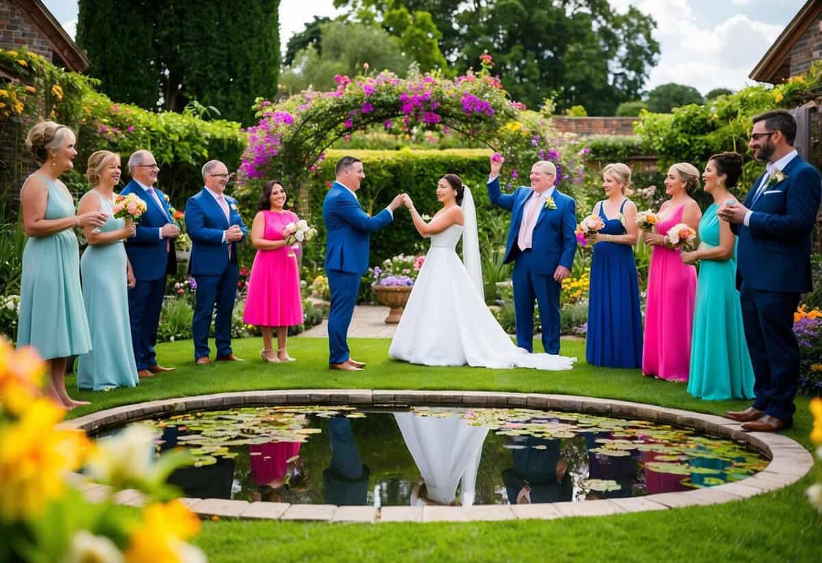 A colorful garden with blooming flowers and a serene pond, surrounded by joyful friends and family, as two lovebirds exchange vows