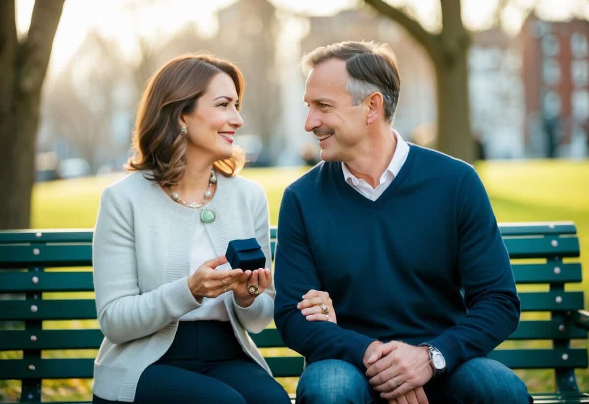 A couple in their 40s sitting on a park bench, the woman holding a ring box, while the man looks at her with a smile