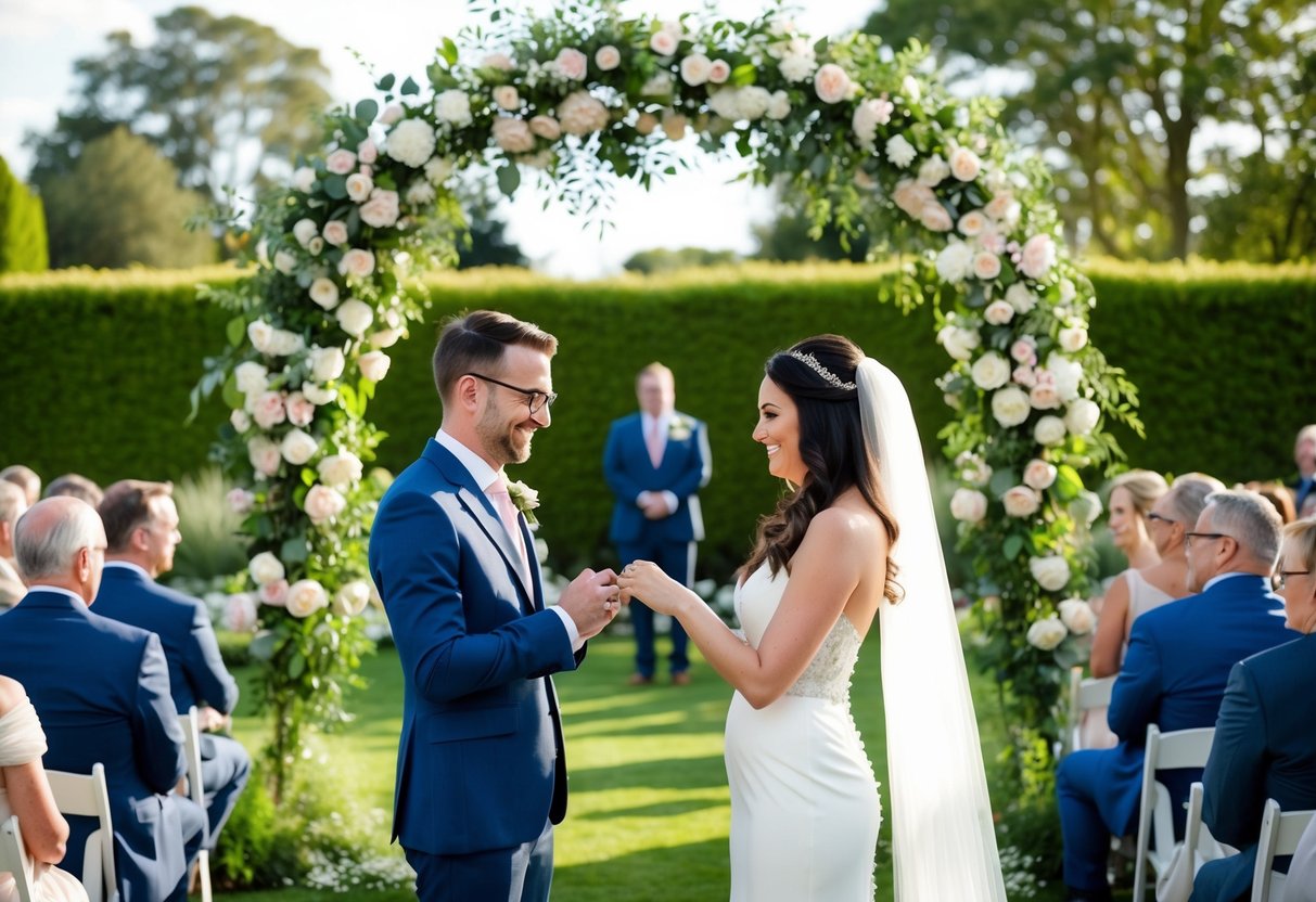 A bride and groom exchanging rings under a floral arch with guests seated in an outdoor garden