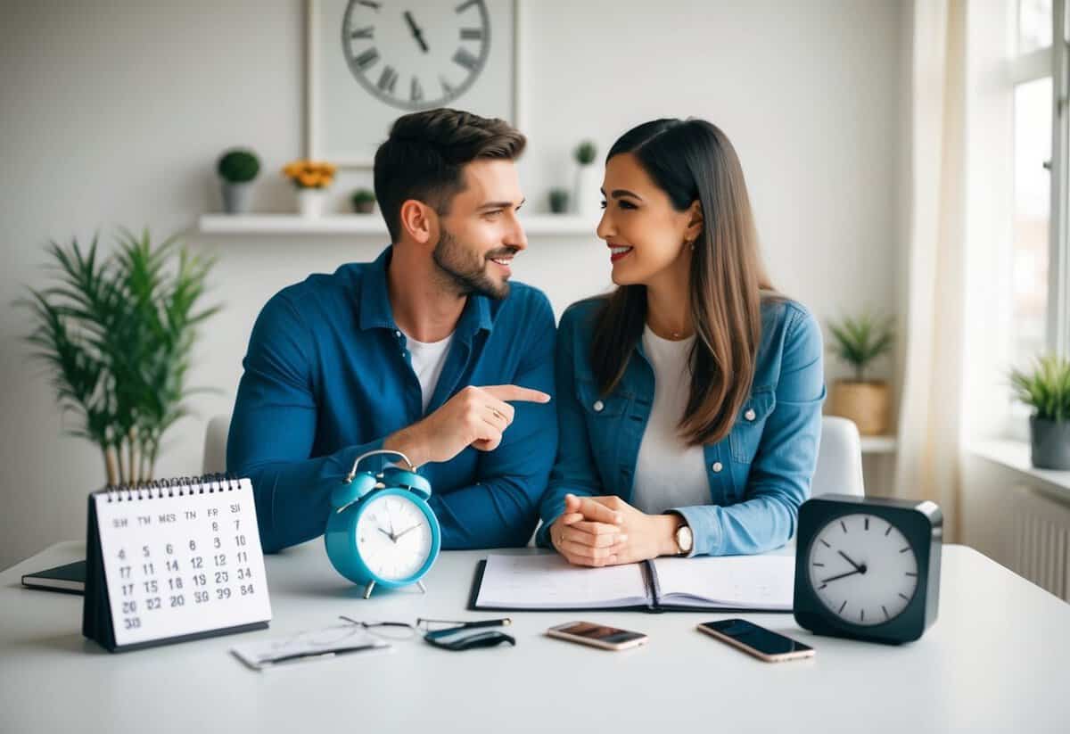 A couple sitting at a table, surrounded by a calendar, clock, and engagement ring, discussing the timing of their relationship