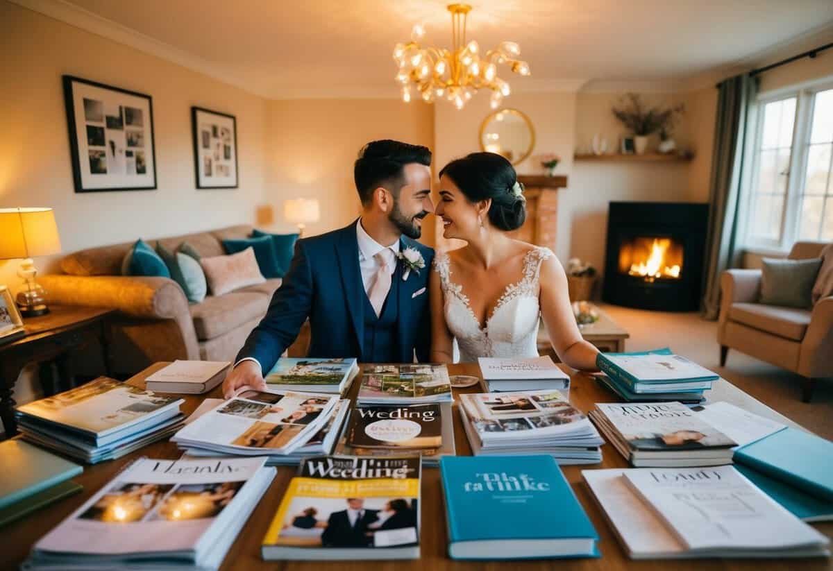 A couple sits at a table covered in wedding magazines and planning books, surrounded by a cozy living room filled with warm light and a crackling fireplace