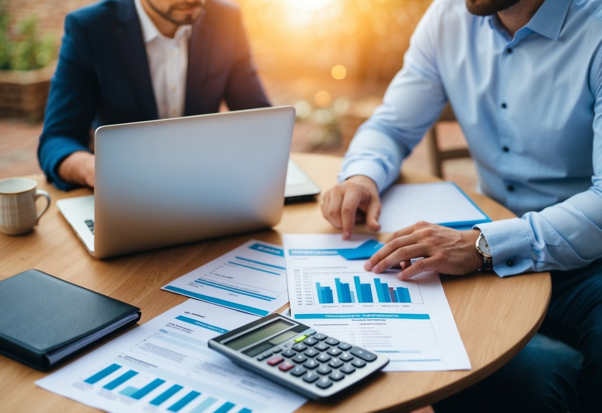 A couple sits at a table with wedding planning materials and a laptop, discussing loan repayment options. A calculator and financial documents are spread out in front of them