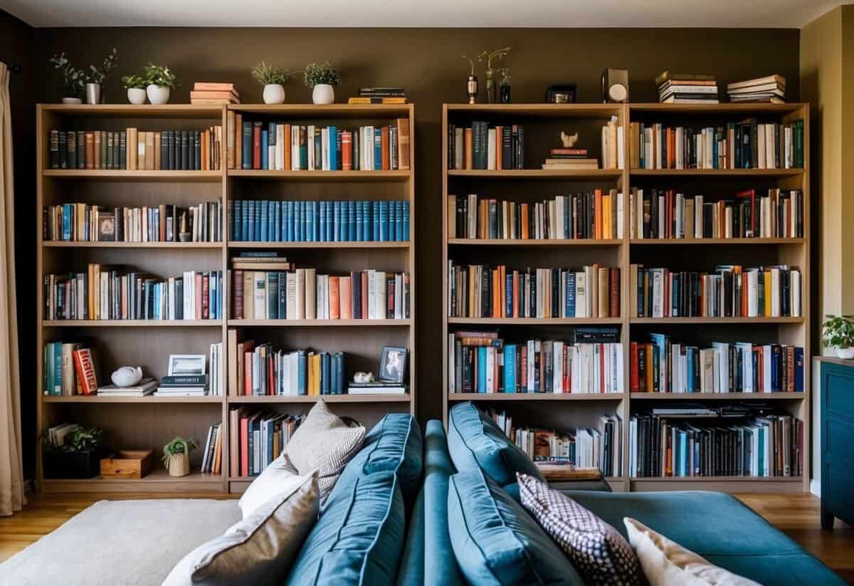 A cozy living room with two separate bookshelves, one filled with books and the other with personal items, symbolizing individuality and togetherness